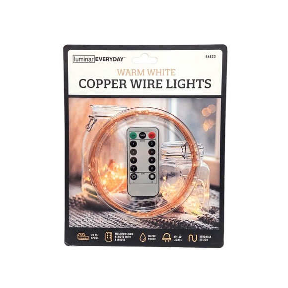 Copper Wire Lights Warm White 20.2 Ft 60 LED 8 Modes Home Yard School Office - Picture 1 of 7